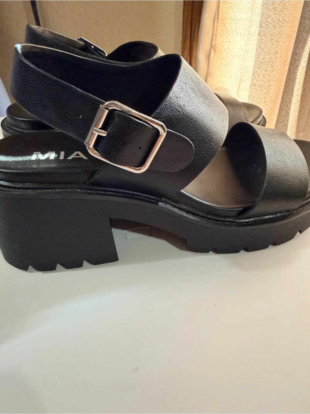 MIA Black Leather Double Strap Platform Sandals